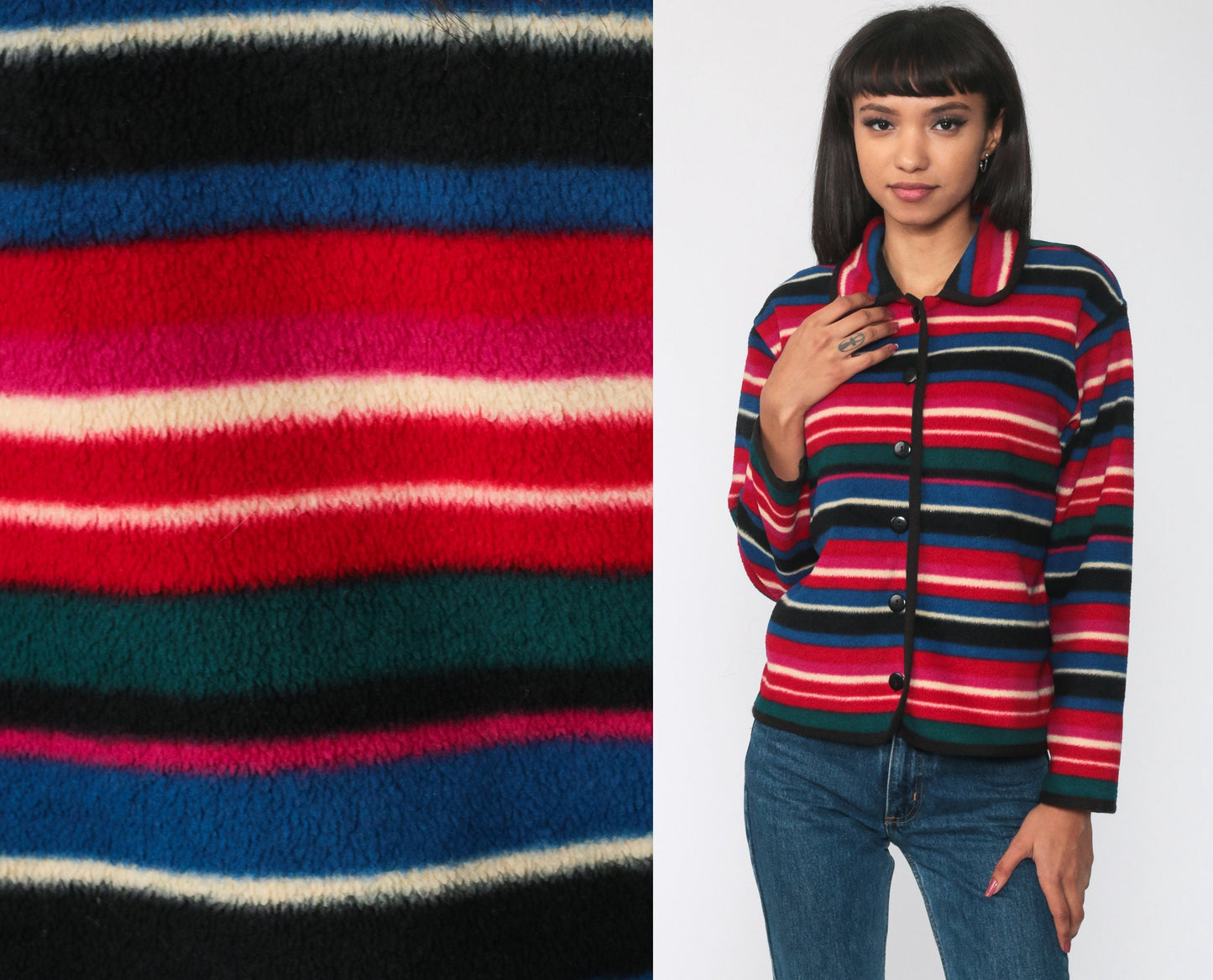 90s Striped Fleece Button-Up Jacket Red Blue Cropped Medium M
