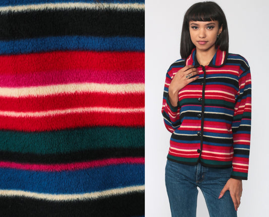 90s Striped Fleece Button-Up Jacket Red Blue Cropped Medium M