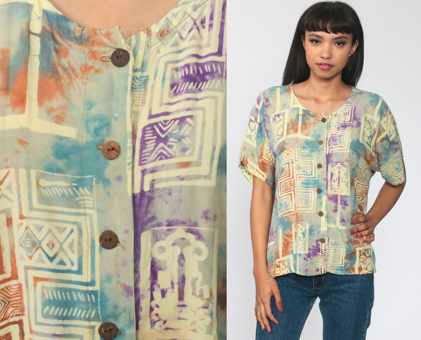 00s Tie Dye Batik Button Up Shirt Yellow Short Sleeve Extra Large XL