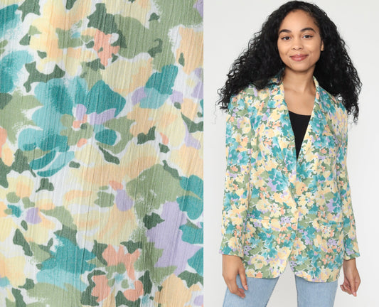 80s Koret Floral Blazer Jacket Pastel Yellow Blue Medium Large