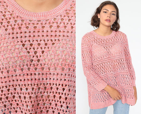 90s Pink Cotton Cutout Sweater Slouchy Pullover Extra Large XXL