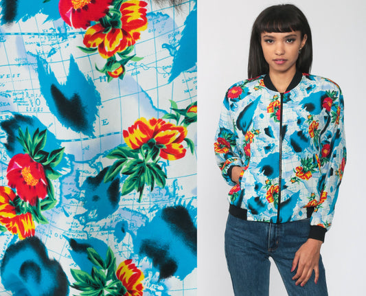 80s World Map Floral Windbreaker Jacket Blue Zip Bomber Small Medium