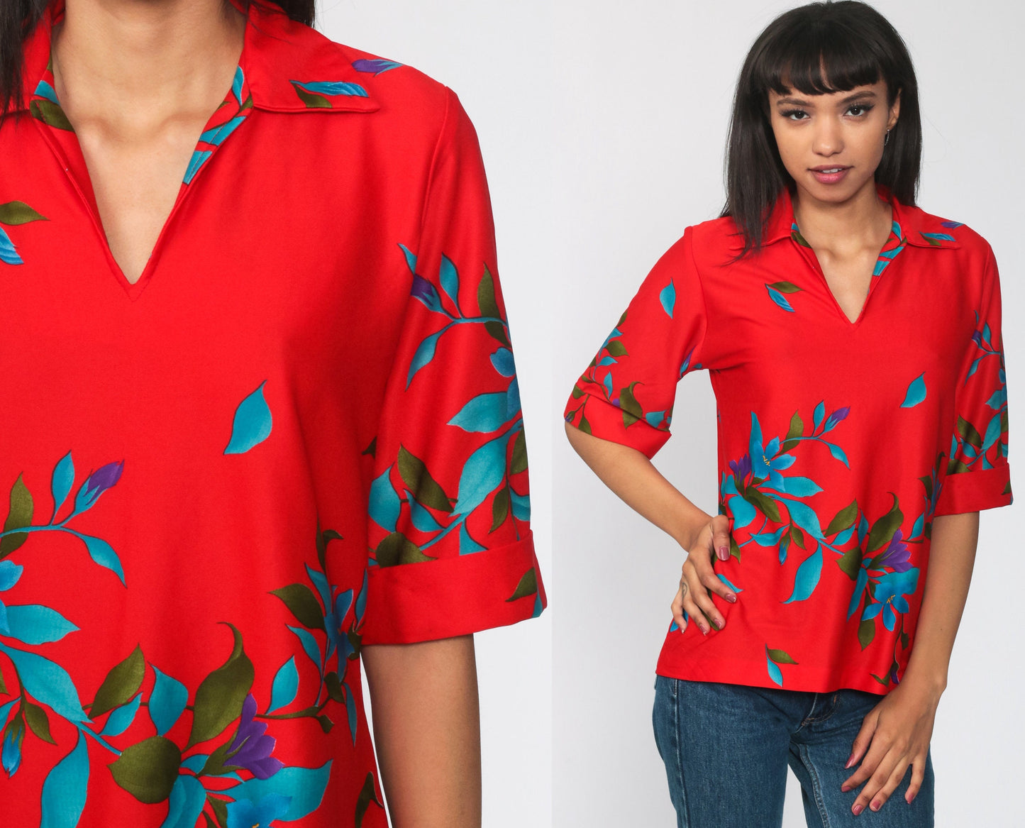 70s Red Floral Blouse Pointed Collar Short Sleeve Polyester Top Medium