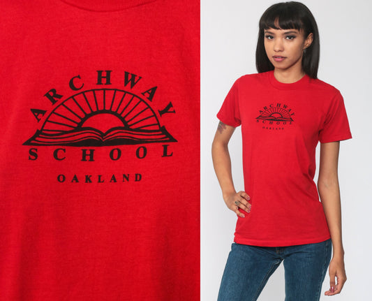 80s Archway School Oakland Graphic Tee Red Single Stitch Extra Small