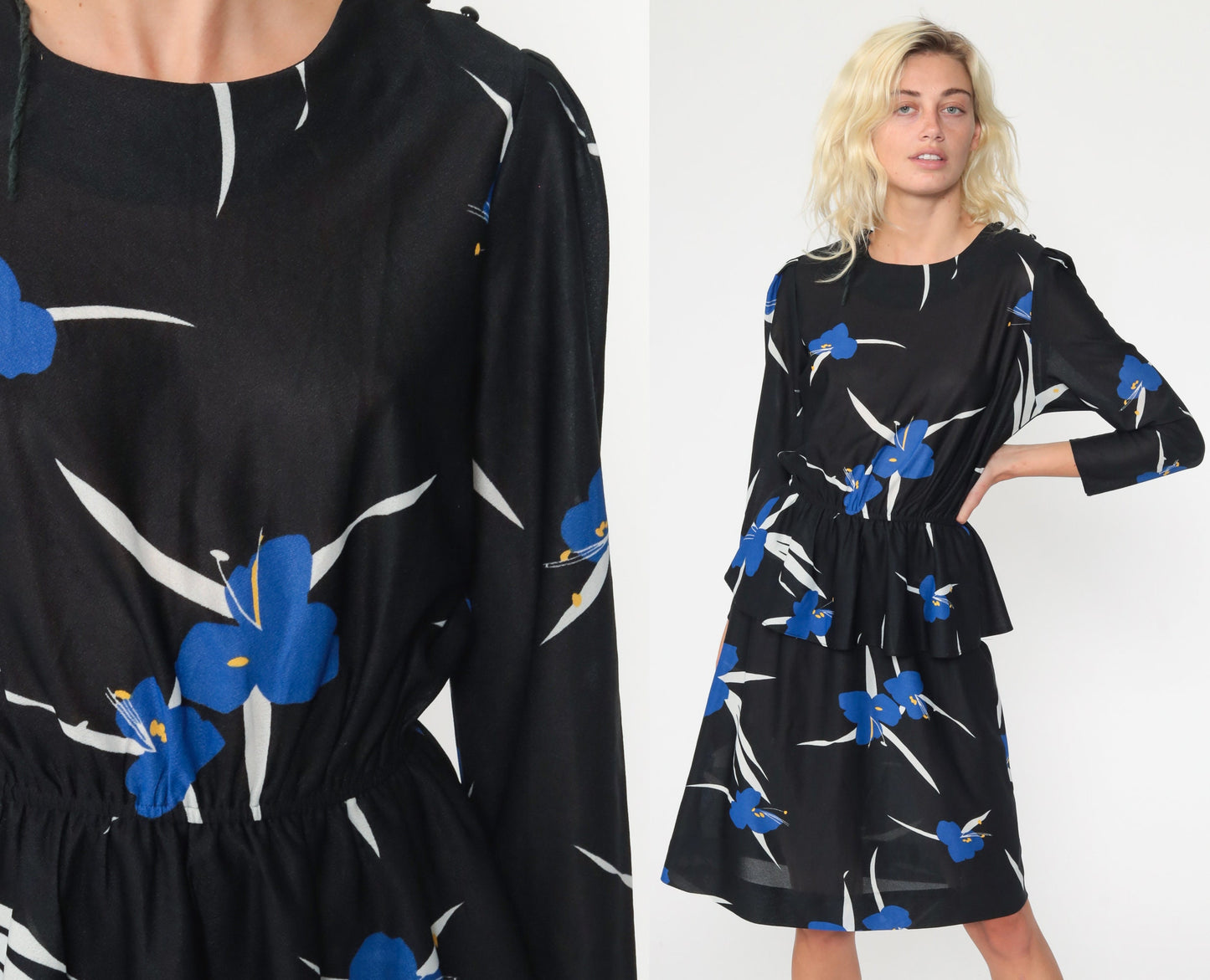 70s Black Floral Midi Dress High Waist Long Sleeve Semi-Sheer Small Medium