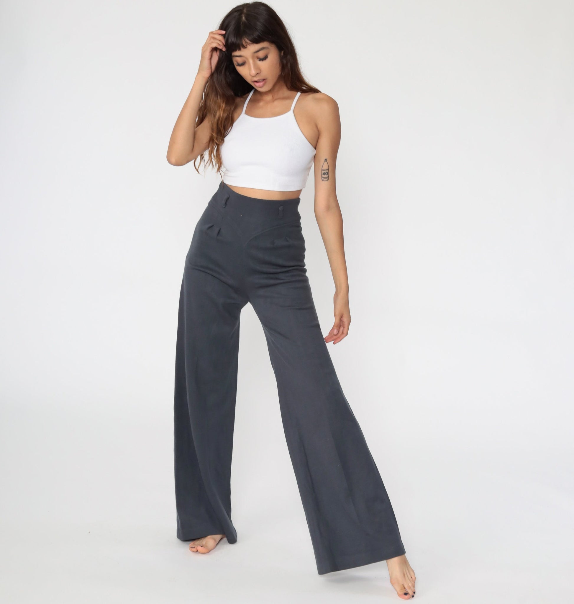 70s Grey Bell Bottom Pants High Waist Wide Leg Knit Trousers Extra Small XS
