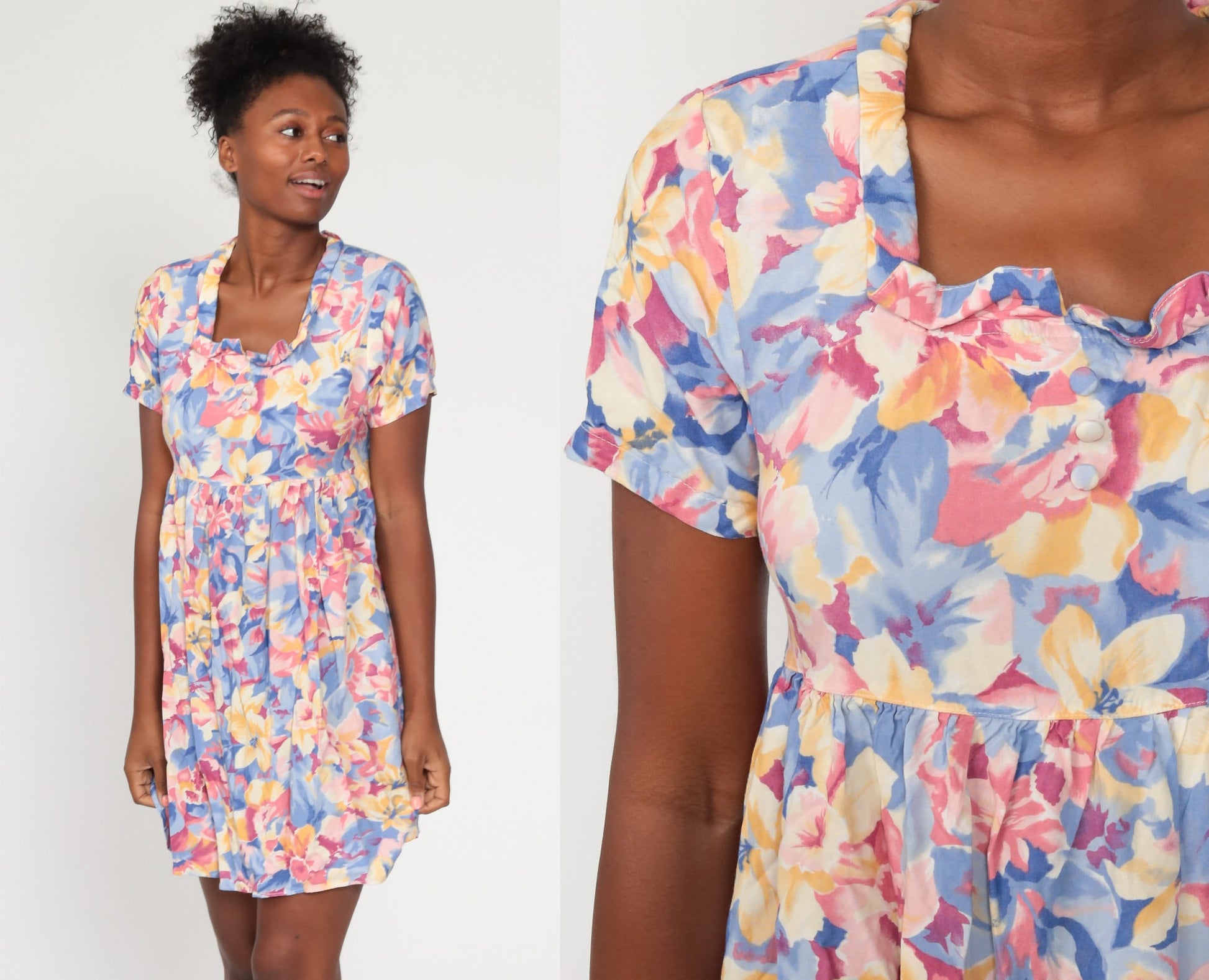 90s Floral Babydoll Dress Mini Empire Waist Short Sleeve Small