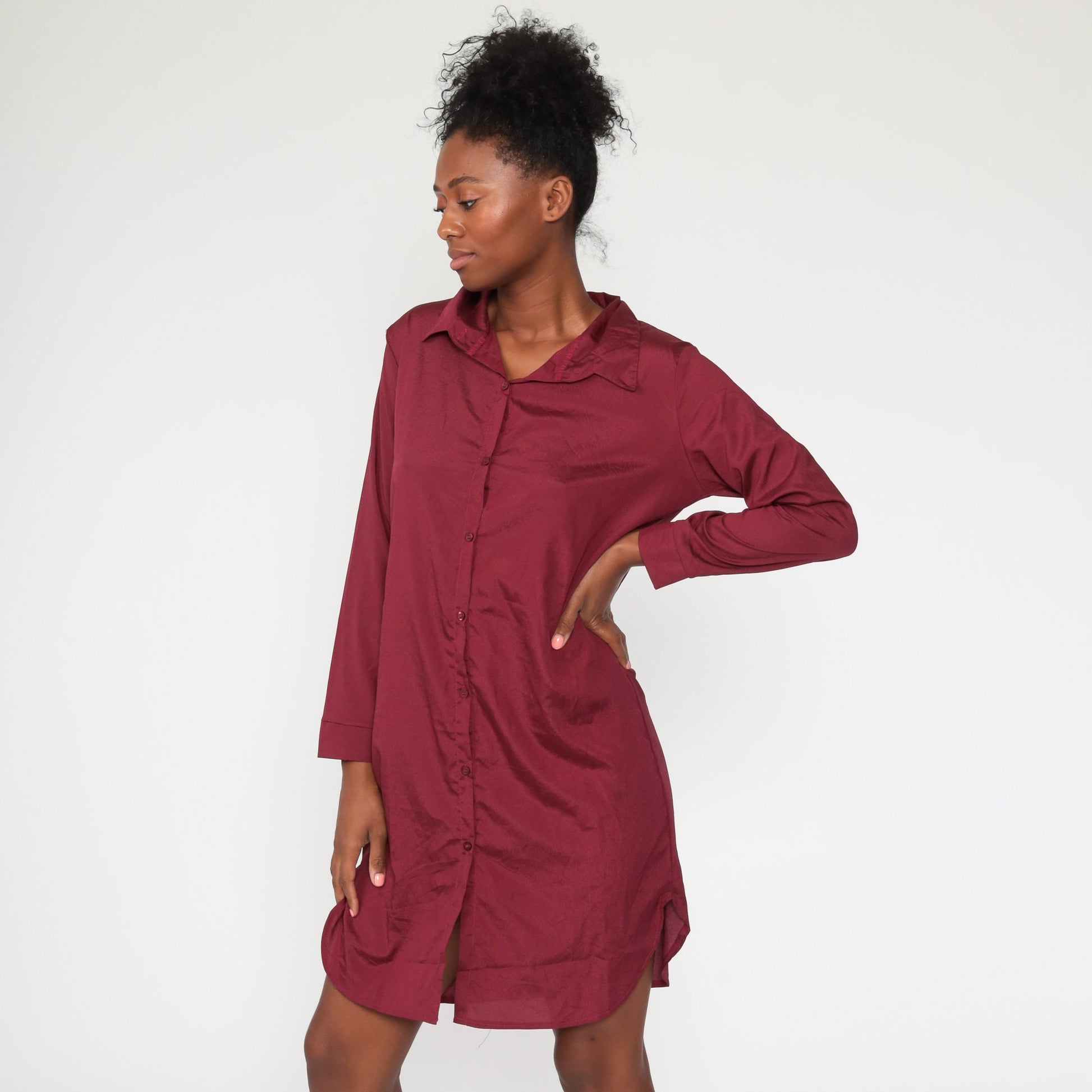 80s Burgundy Button-Up Shift Dress Long Sleeve Mini Medium