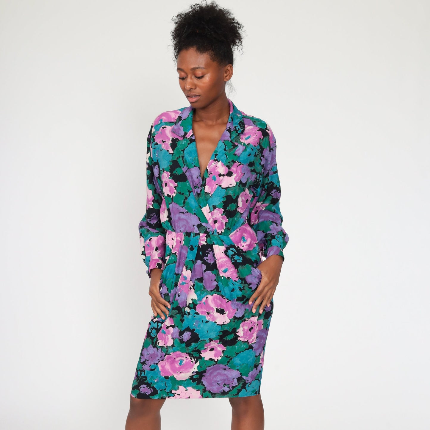 80s Pat Argenti Floral Wrap Dress Purple Midi Dolman Sleeve Medium