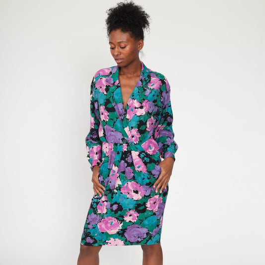 80s Pat Argenti Floral Wrap Dress Purple Midi Dolman Sleeve Medium