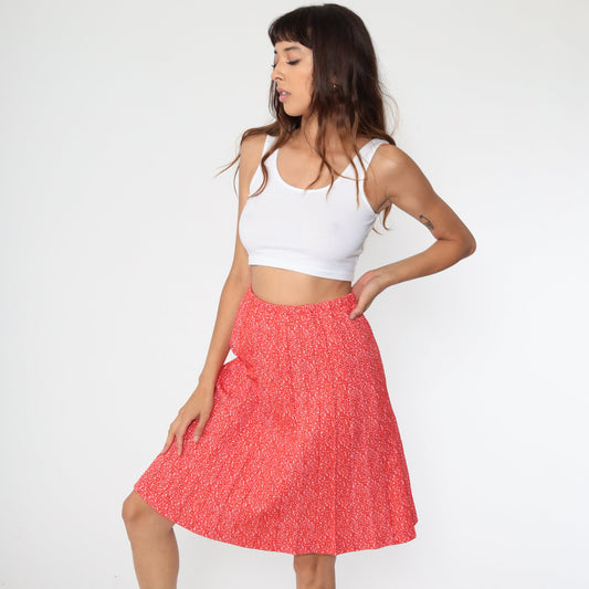 70s Red Geometric Print High-Waist Pleated Skirt Knee-Length Small