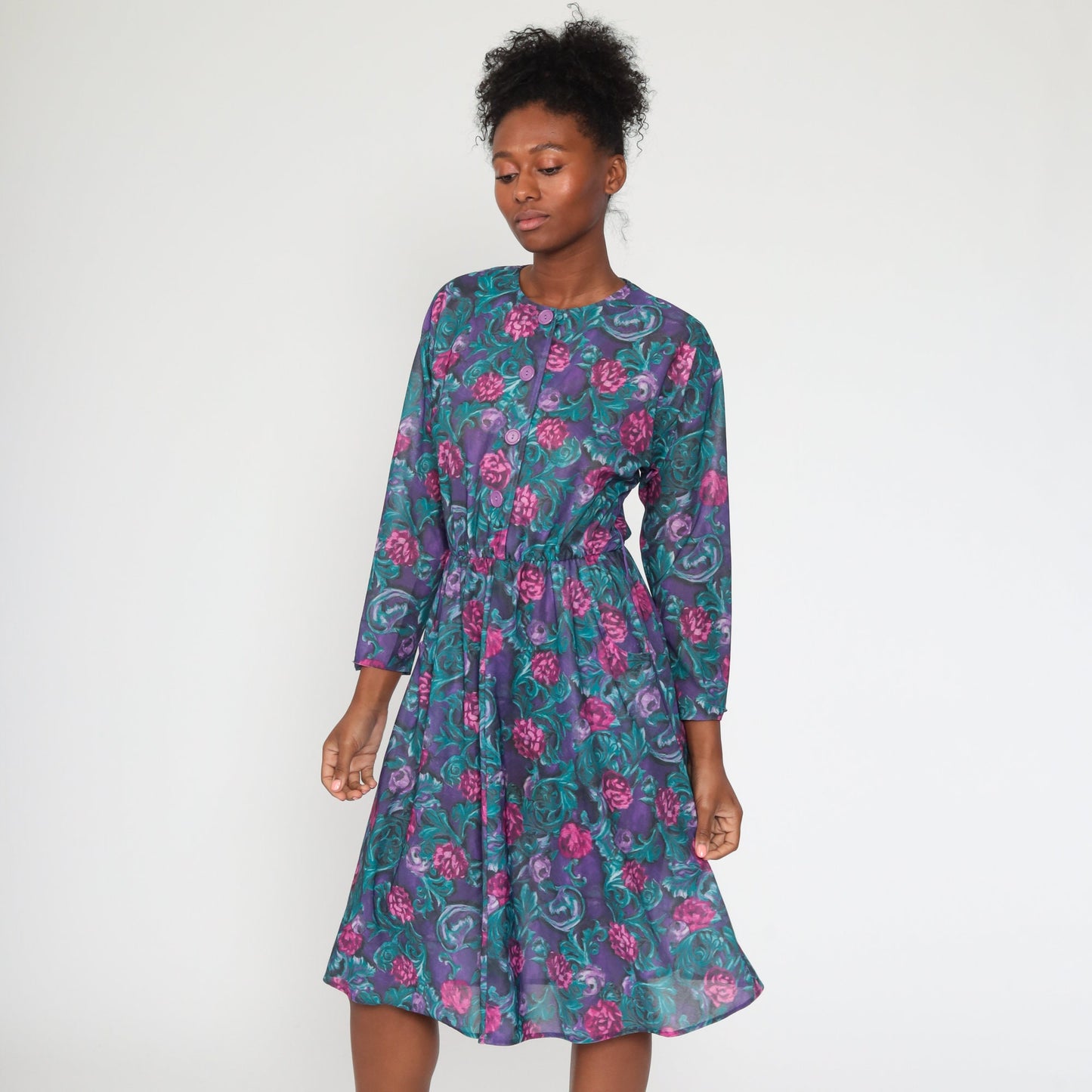 1970s Purple Floral Midi Dress High Waist Long Sleeve Button Front Medium