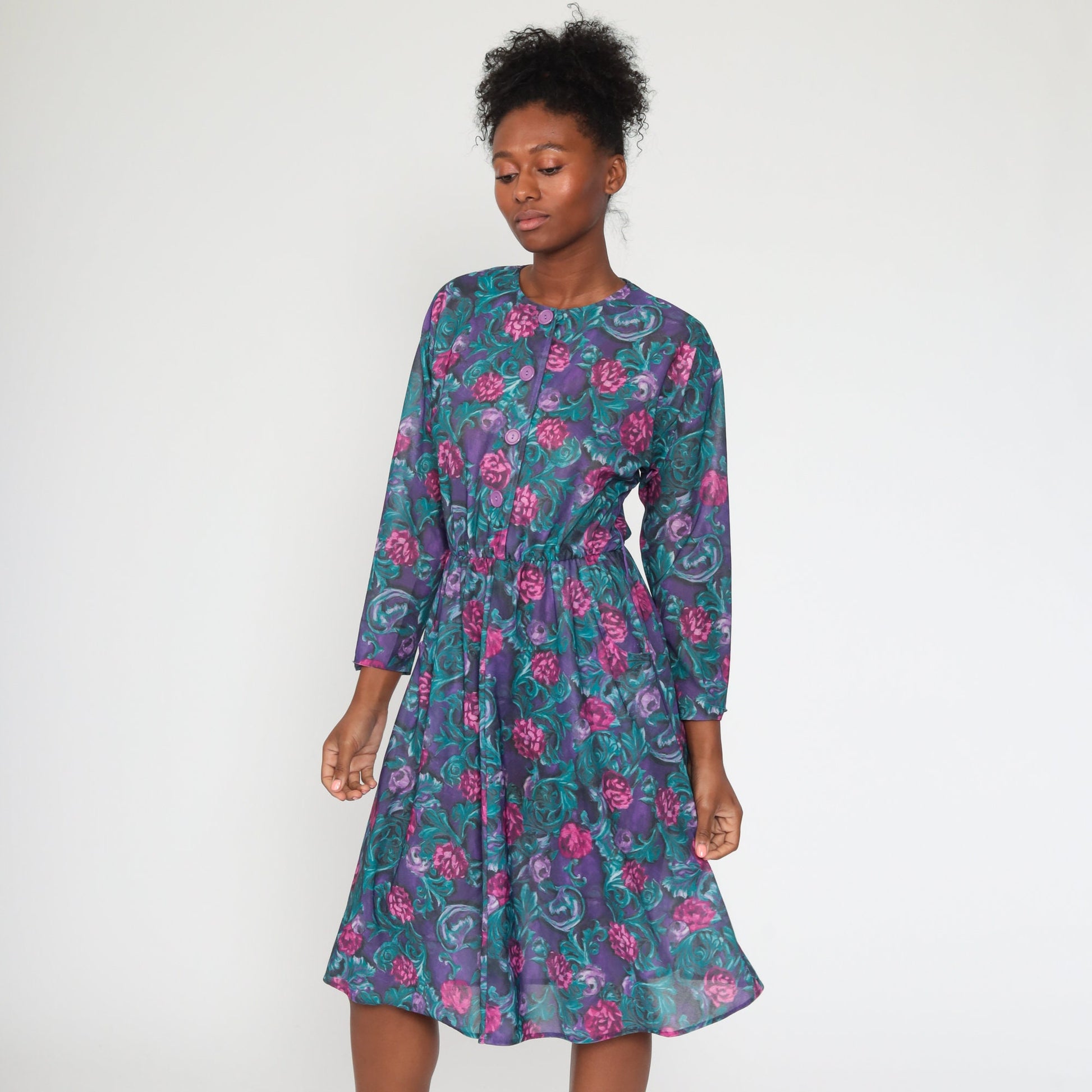1970s Purple Floral Midi Dress High Waist Long Sleeve Button Front Medium