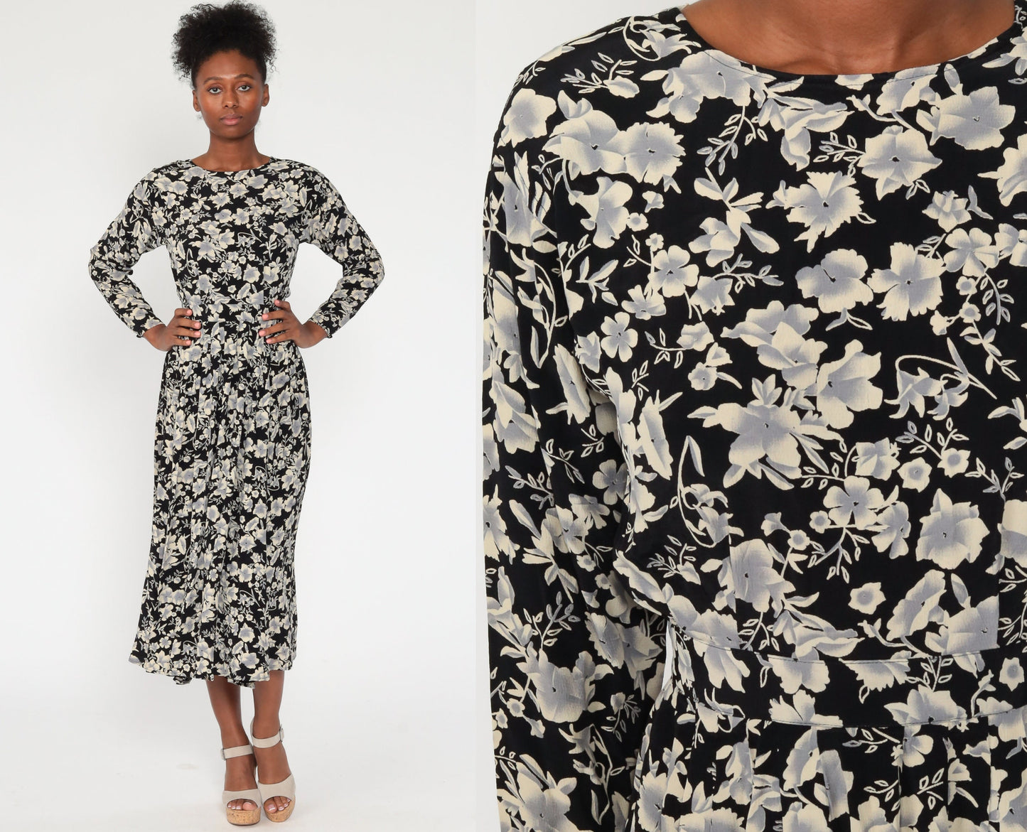 80s Black Floral Midi Dress Button Back Long Sleeve High Waisted Extra Small
