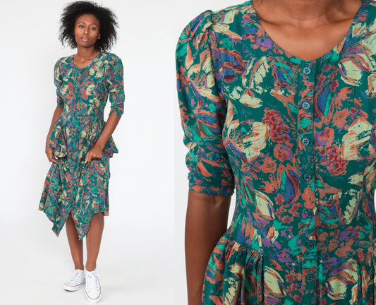 90s Green Floral Peplum Dress Button-Up 3/4 Puff Sleeve Midi Small