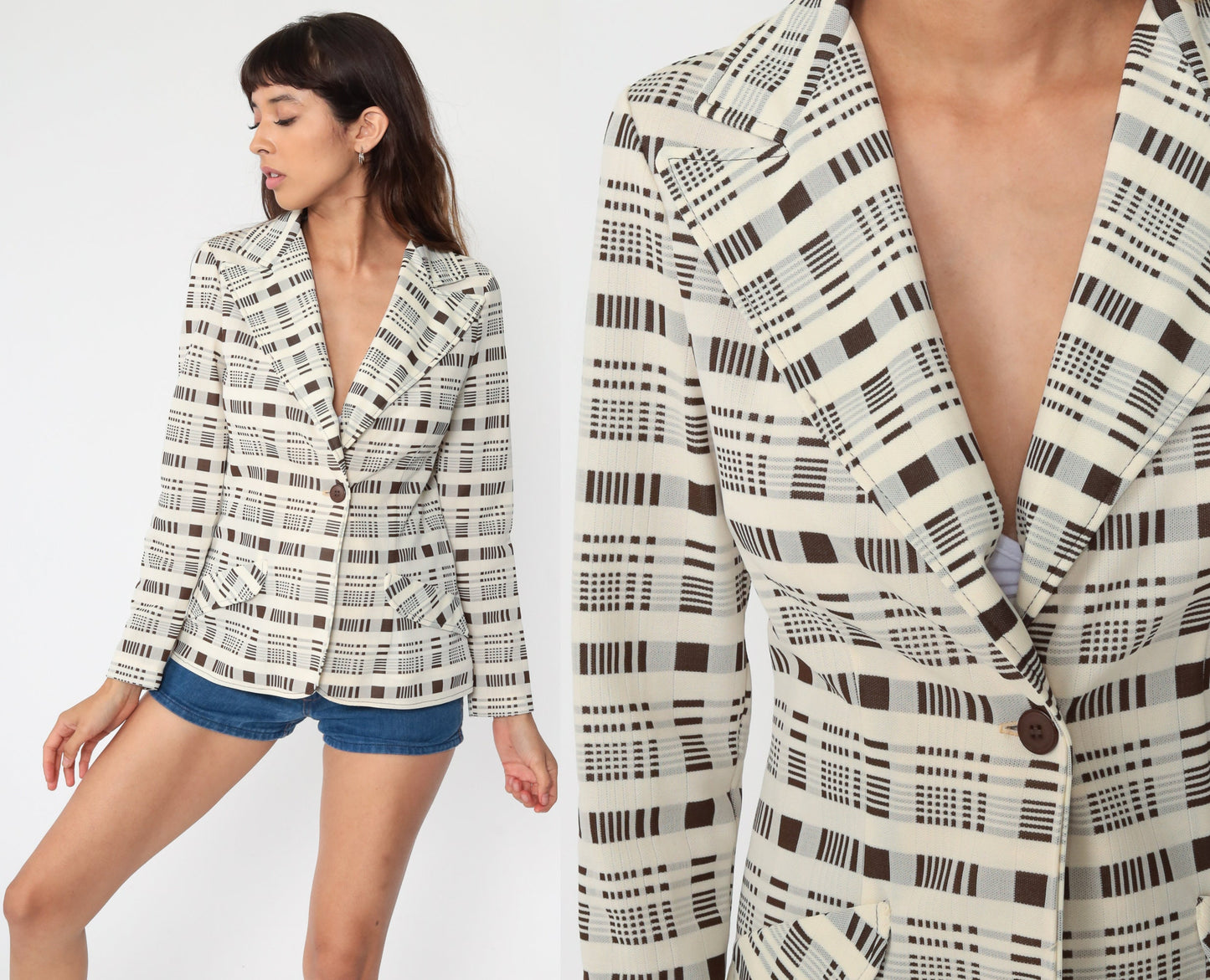 70s Jonathan Logan Cream Brown Plaid Blazer Jacket Extra Small XS
