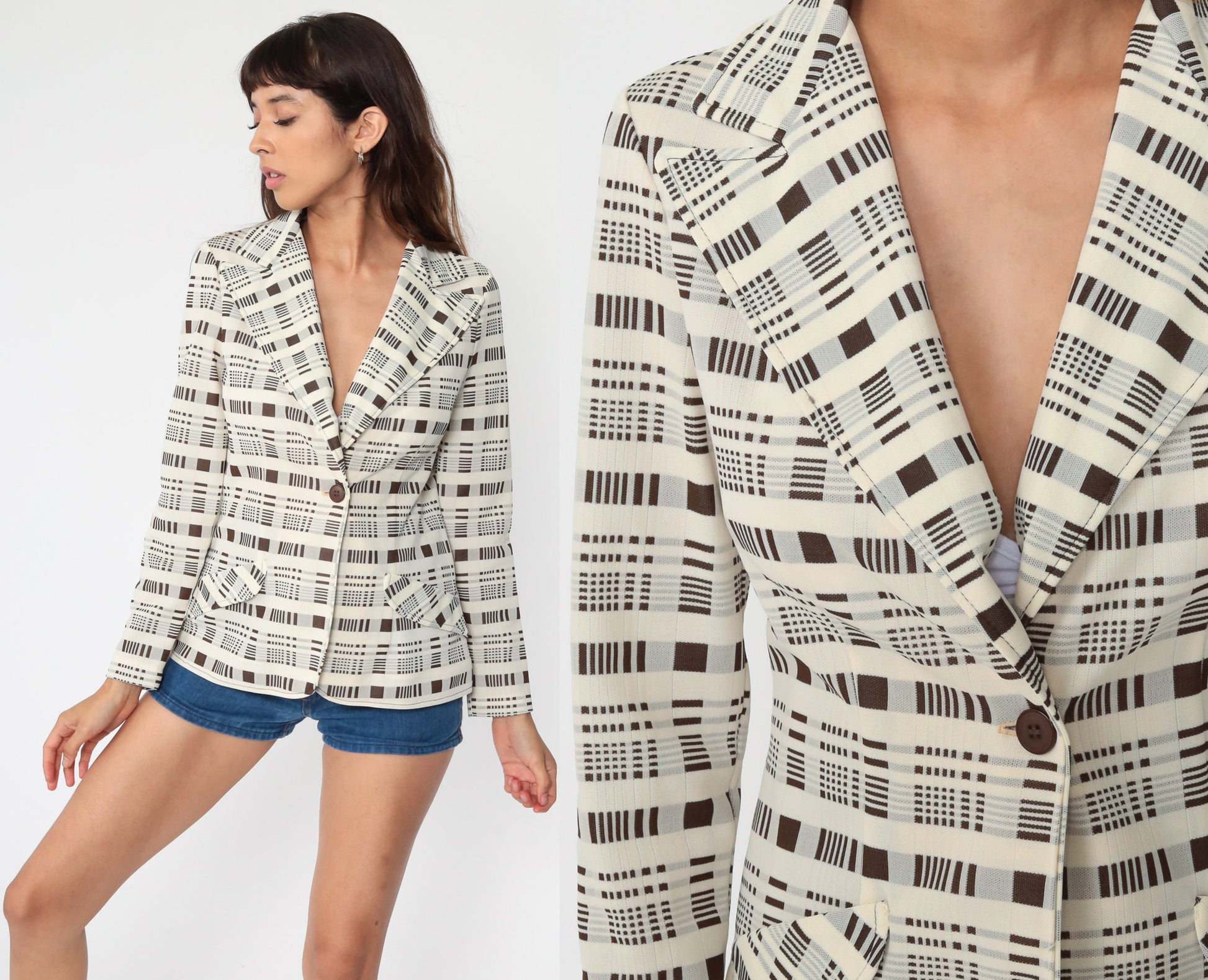 70s Jonathan Logan Cream Brown Plaid Blazer Jacket Extra Small XS