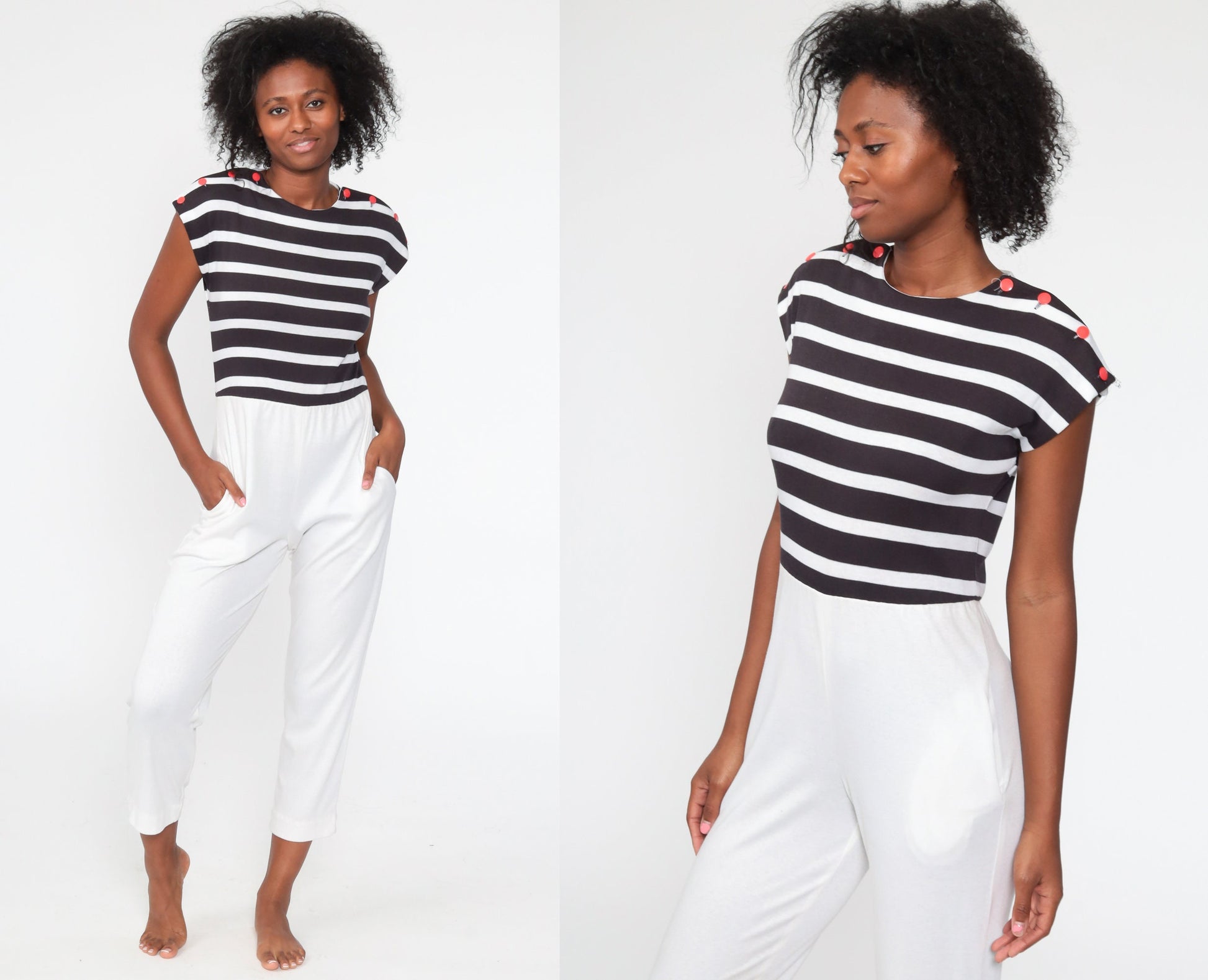 80s White Nautical Striped Jumpsuit Cap Sleeve Tapered Legs Small