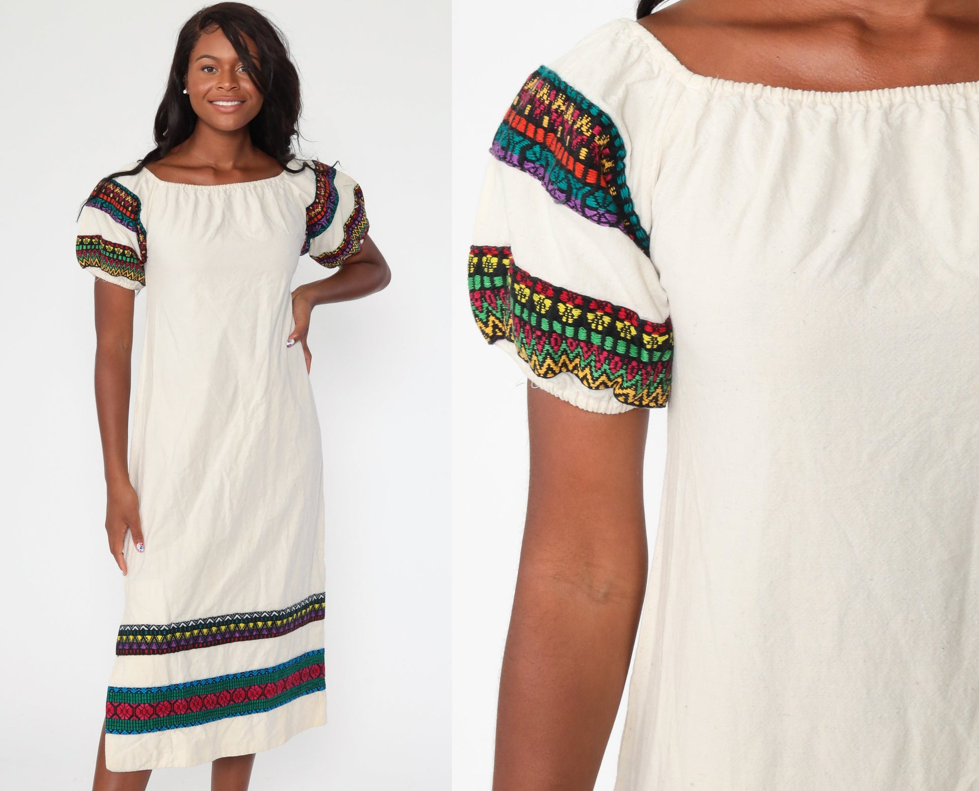 70s Floral Embroidered Peasant Dress Cream Puff Sleeve Midi Extra Small