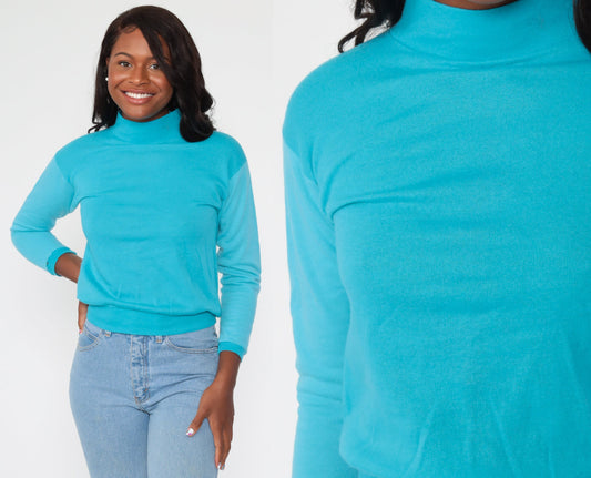 80s Turquoise Mock Neck Sweatshirt Acrylic Long Sleeve Extra Small XS