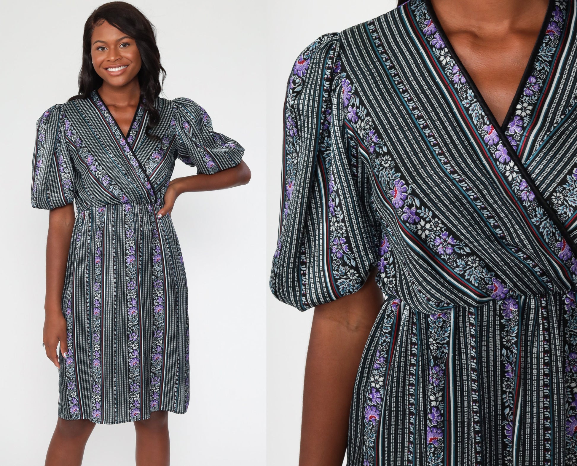 1970s Striped Floral Midi Dress Purple Black V-Neck Puff Sleeve High Waist Small