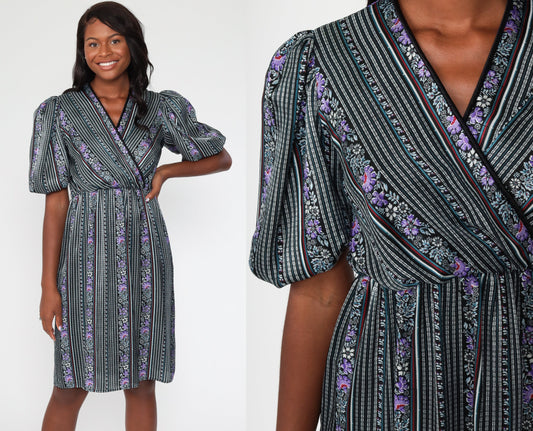 1970s Striped Floral Midi Dress Purple Black V-Neck Puff Sleeve High Waist Small