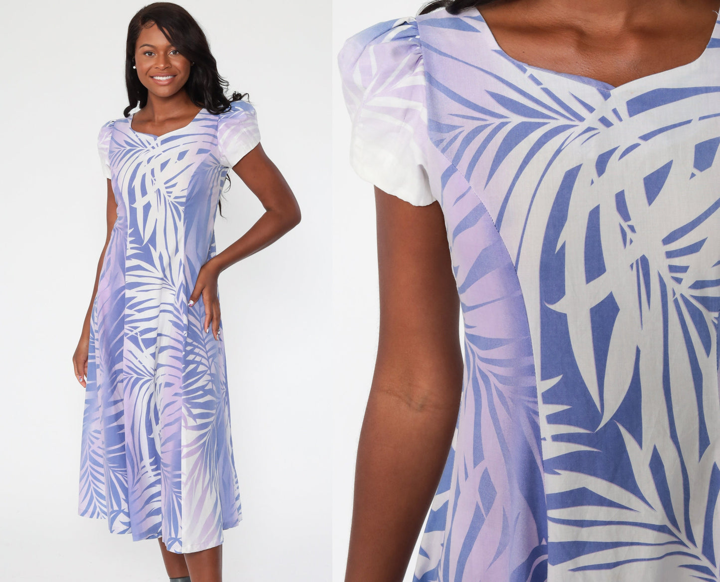 1970s Purple Leaf Print Hawaiian Muumuu Midi Dress Puff Sleeve Small