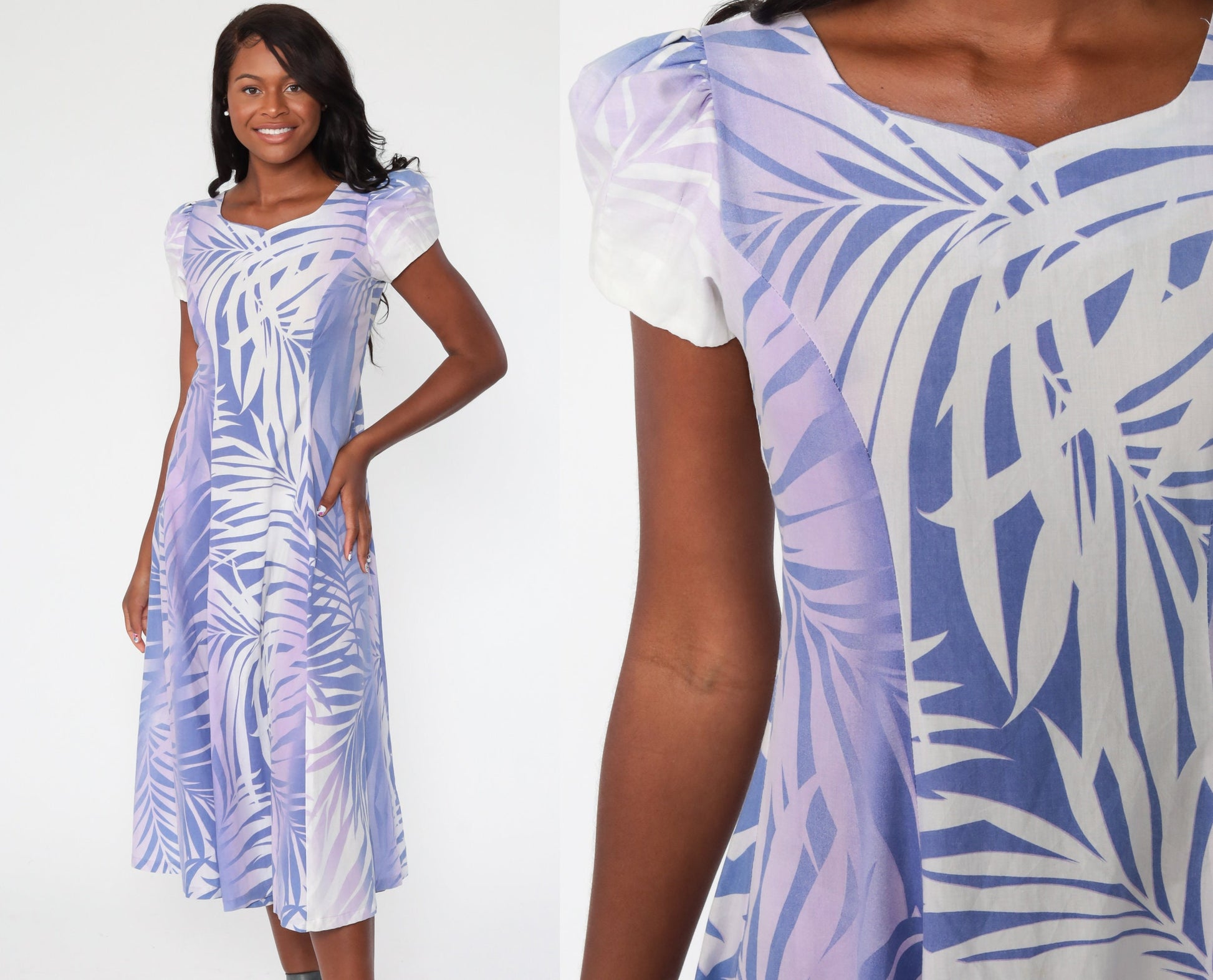 1970s Purple Leaf Print Hawaiian Muumuu Midi Dress Puff Sleeve Small