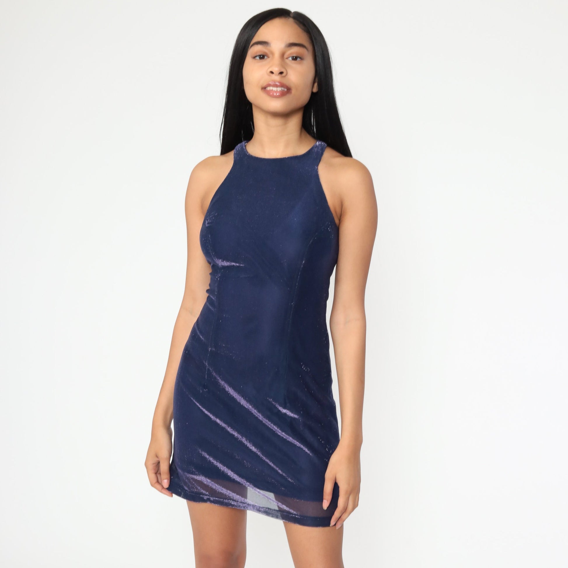00s Metallic Blue Mini Dress Racerback Tank Y2K Club Wear Extra Small