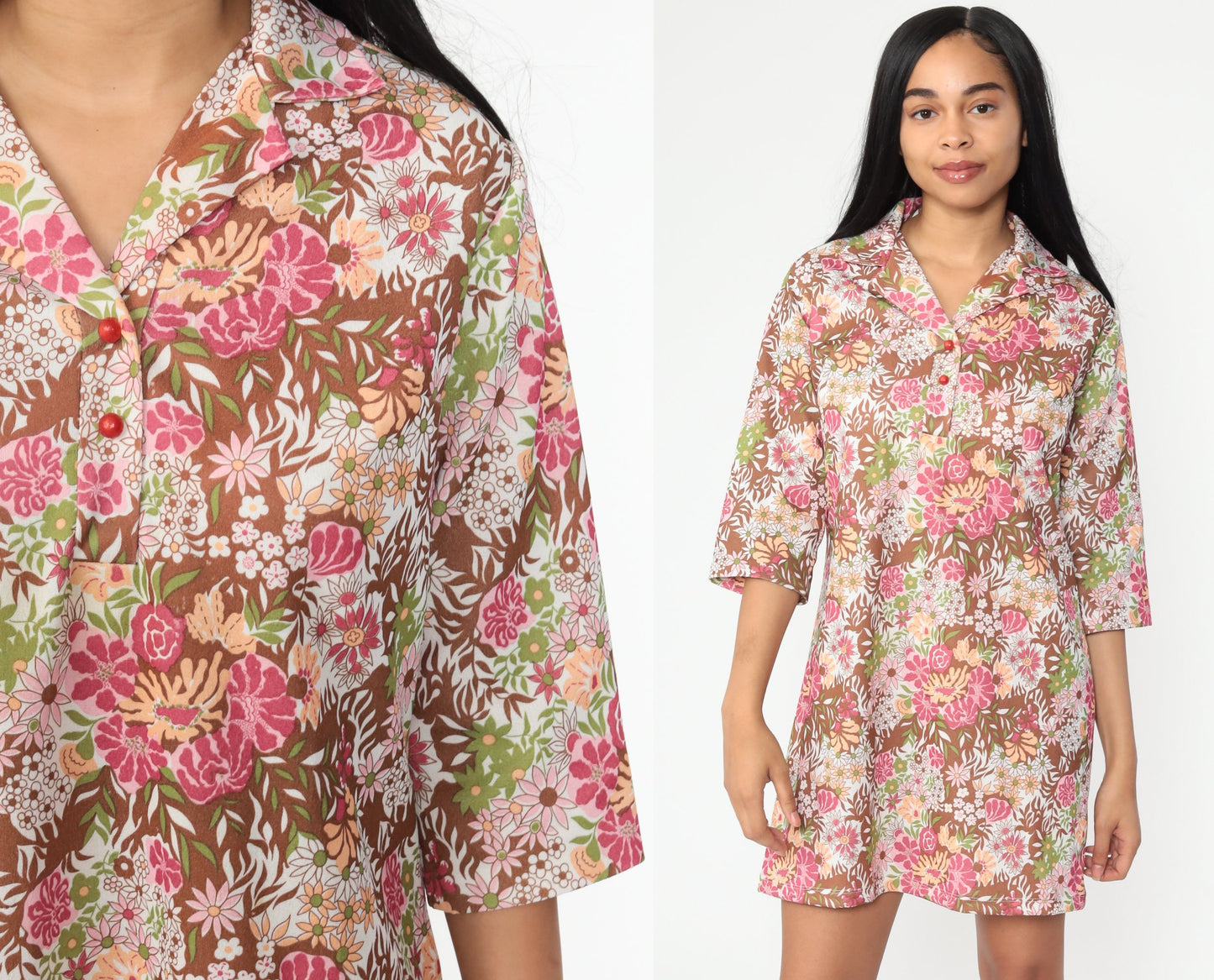 1960s Floral Shift Dress Pink Brown Mini Short Sleeve Medium