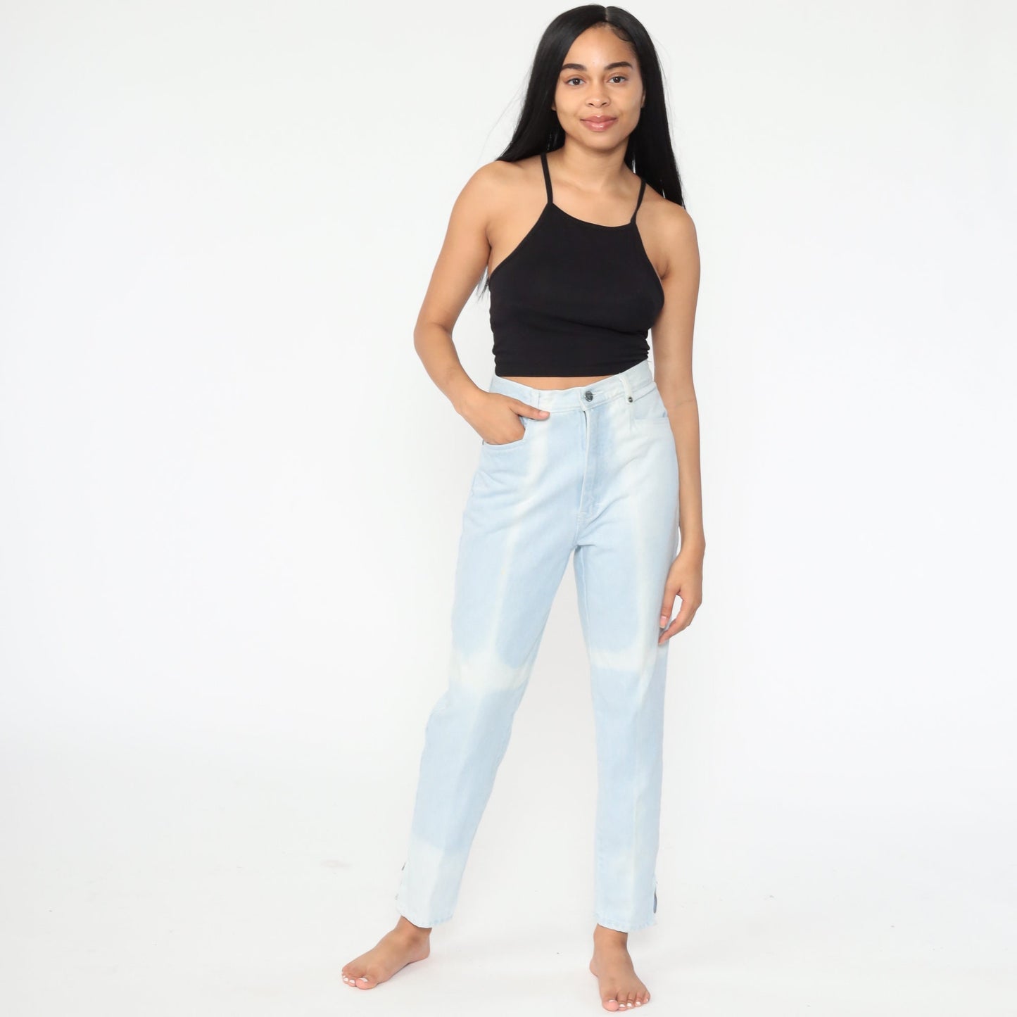90s Bleach Dyed High Waist Jeans Light Blue Slim Ankle Zipper Small