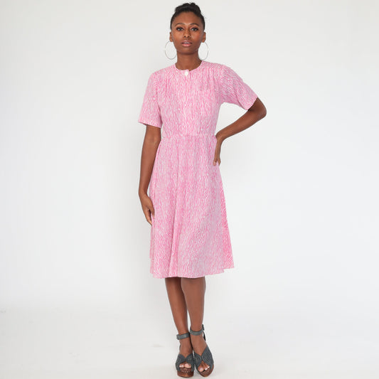 70s Tiger Stripe Print Midi Shirtdress Pink High Waist Button Up Small