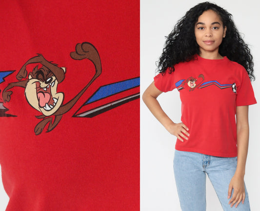 90s Looney Tunes Taz Soccer Graphic T-Shirt Warner Bros Red Small