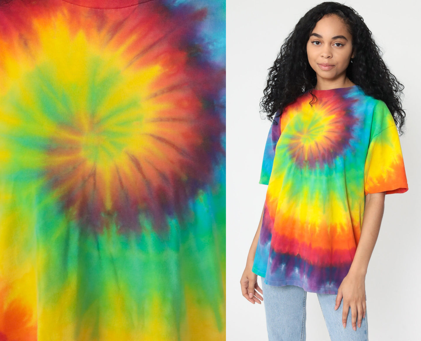 90s Tie Dye T-Shirt Yellow Green Blue Swirl Print Graphic Tee Large