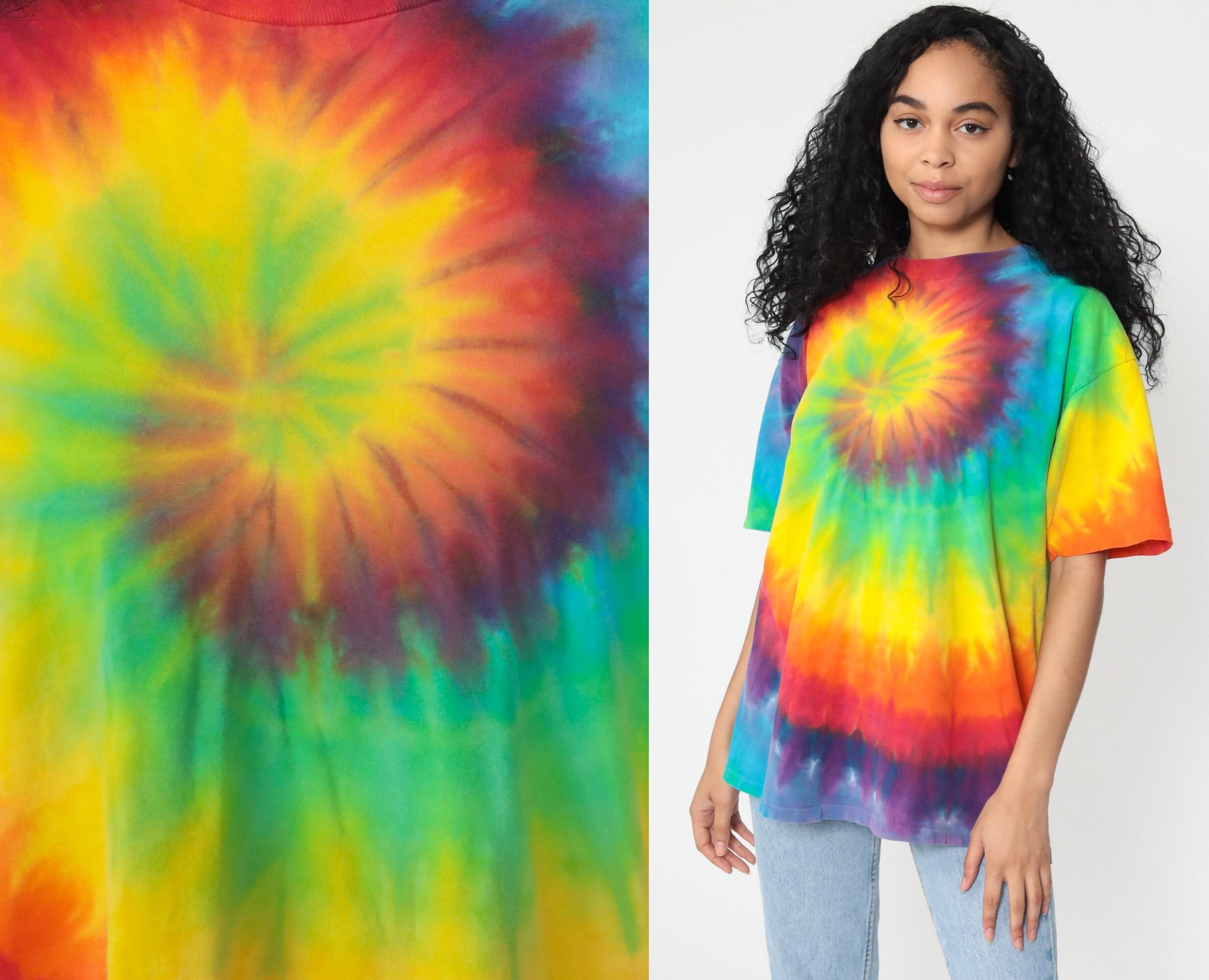 90s Tie Dye T-Shirt Yellow Green Blue Swirl Print Graphic Tee Large