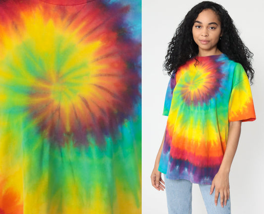 90s Tie Dye T-Shirt Yellow Green Blue Swirl Print Graphic Tee Large