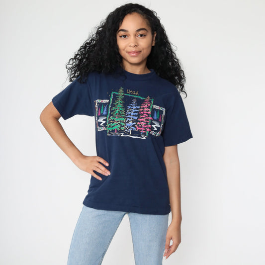 80s Utah Tree Graphic Tee Single Stitch Gold Glitter Navy Small