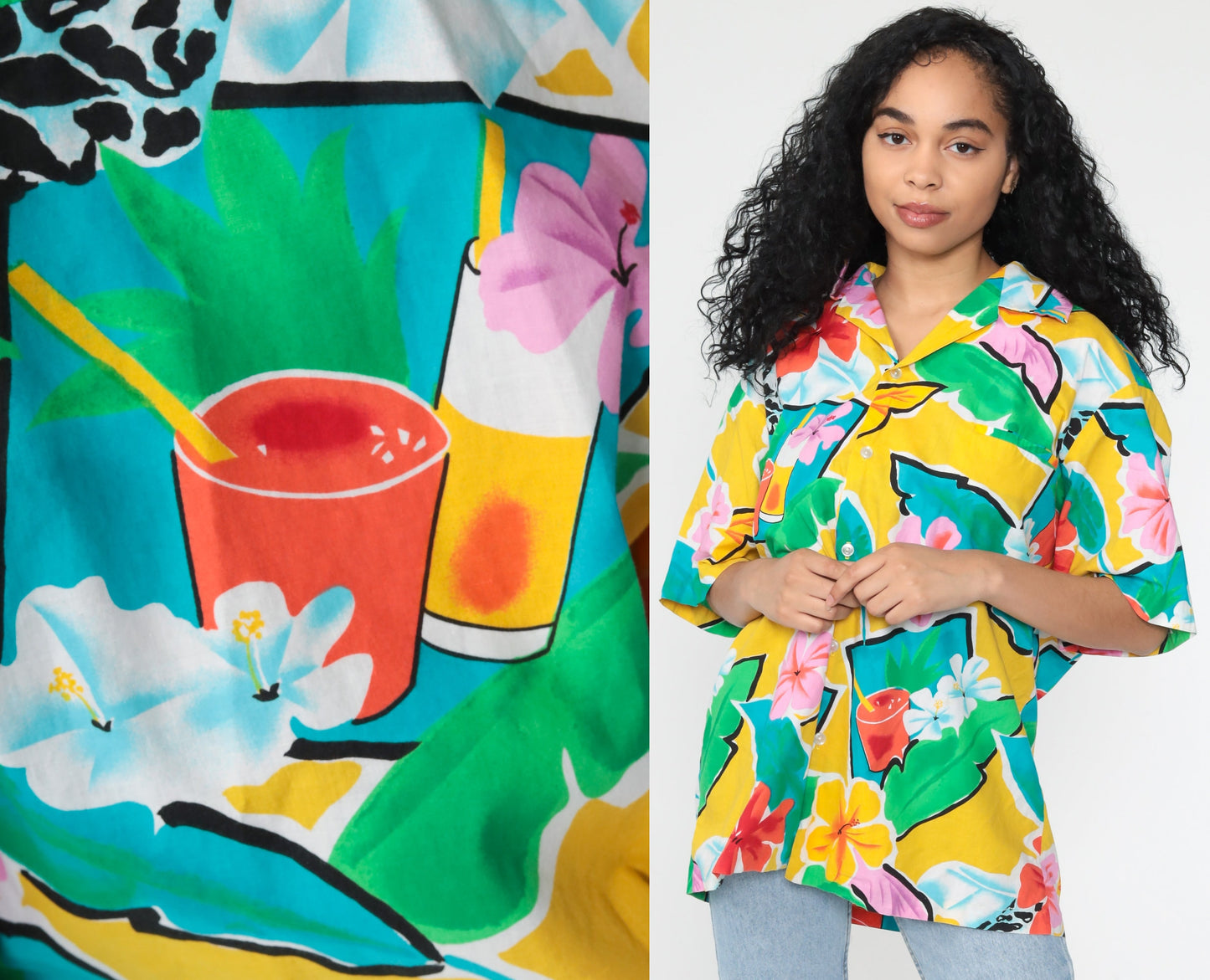 80s Hilo Hattie Hawaiian Shirt Tropical Floral Cocktail Print Button Up Extra Large