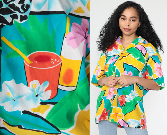 80s Hilo Hattie Hawaiian Shirt Tropical Floral Cocktail Print Button Up Extra Large