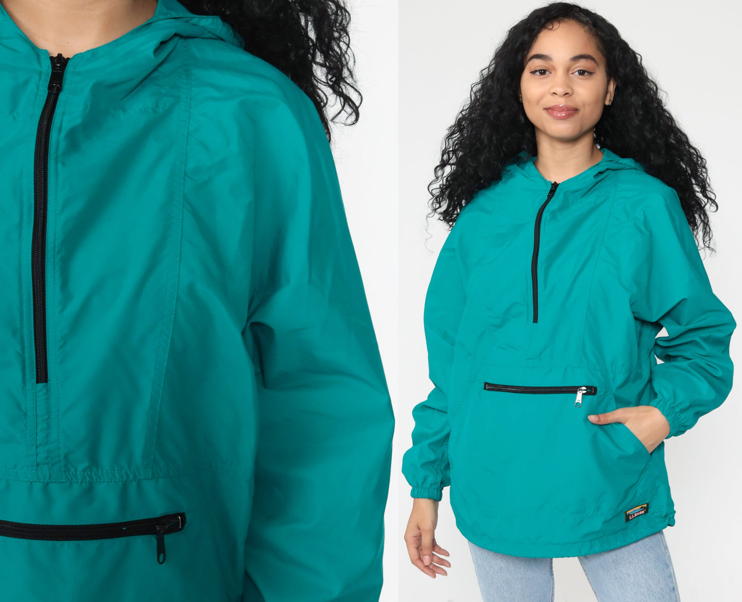 LL Bean Teal Hooded Windbreaker Half-Zip Pullover Jacket 90s Medium