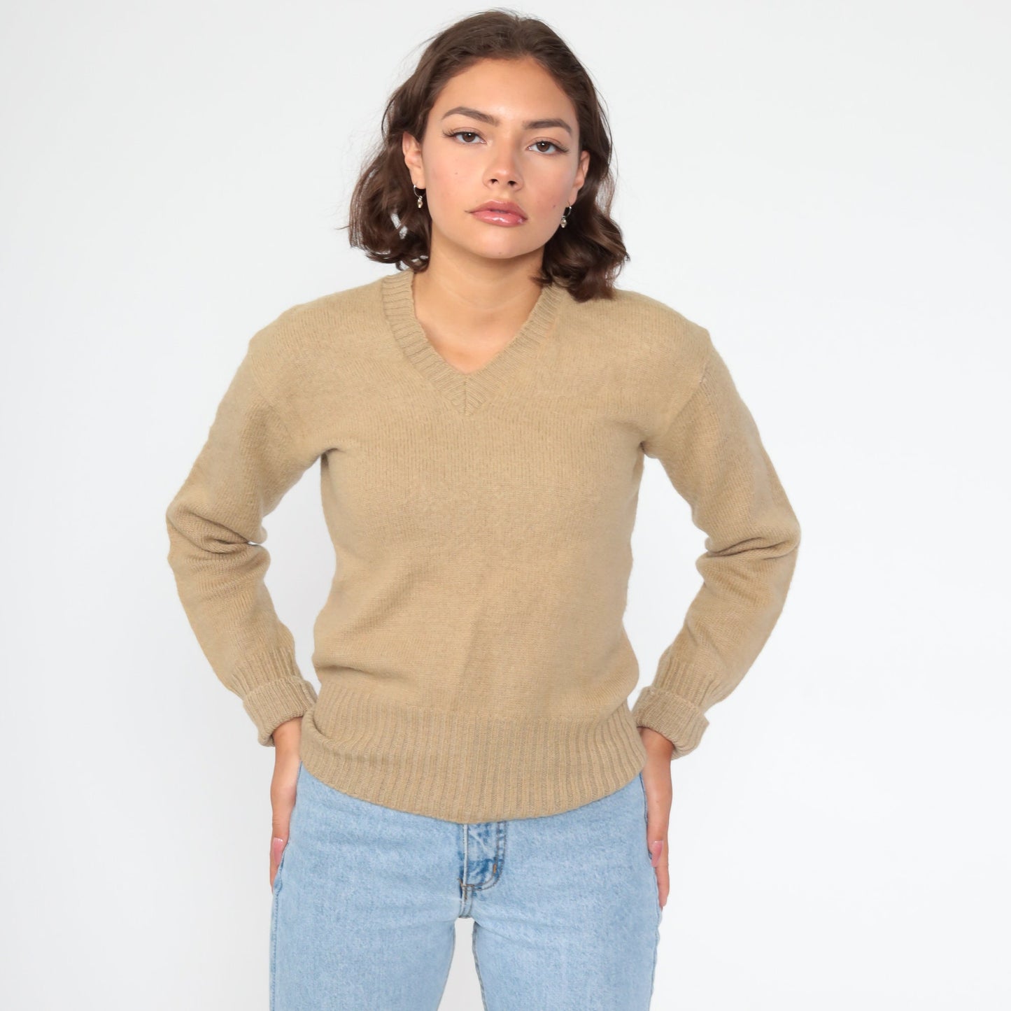 80s Wool V-Neck Sweater Tan Pullover Knit Extra Small XS