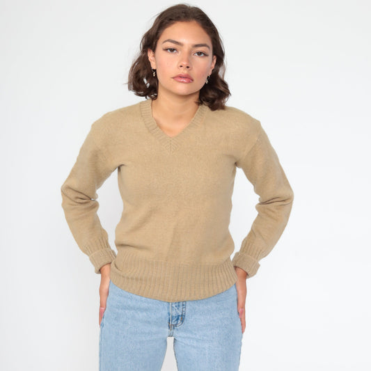 80s Wool V-Neck Sweater Tan Pullover Knit Extra Small XS