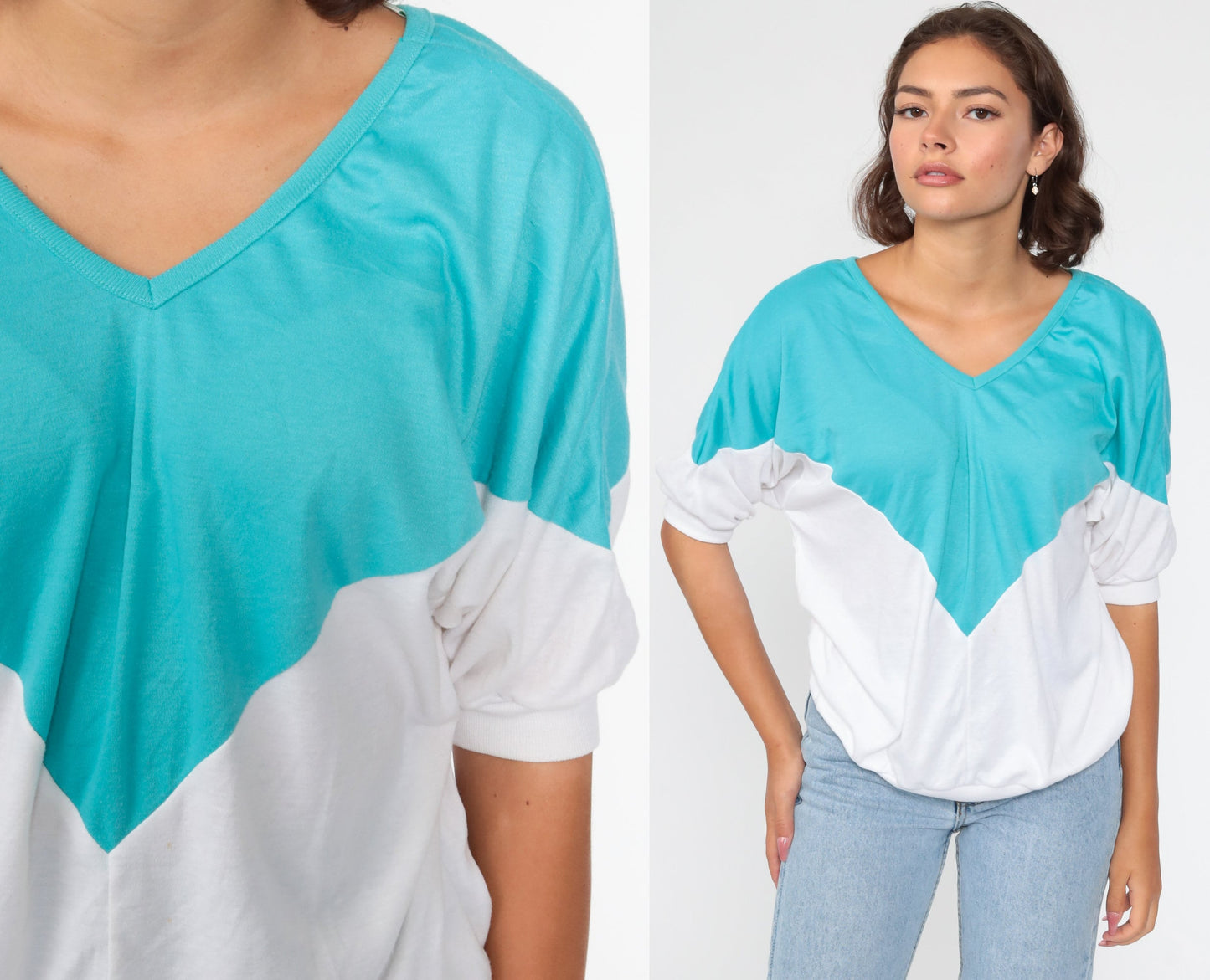 80s Turquoise White Color Block Dolman Sleeve V-Neck Top Large