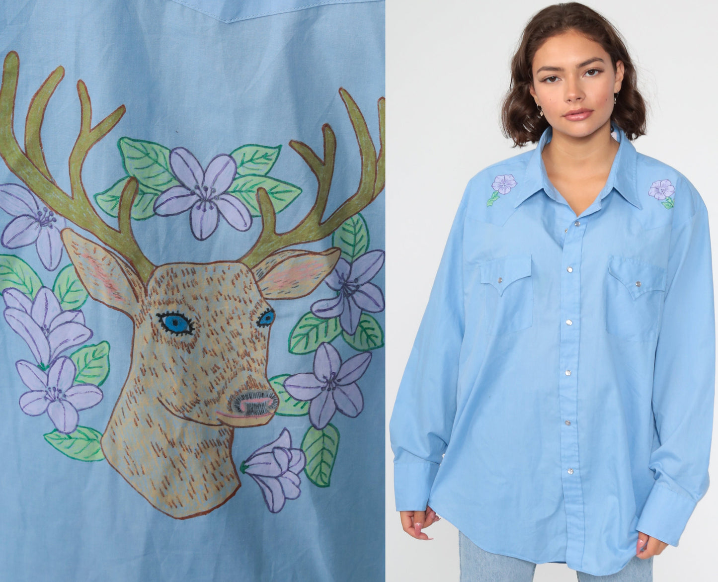 70s Western Pearl Snap Shirt Blue Deer Floral Hand Drawn Cotton Large