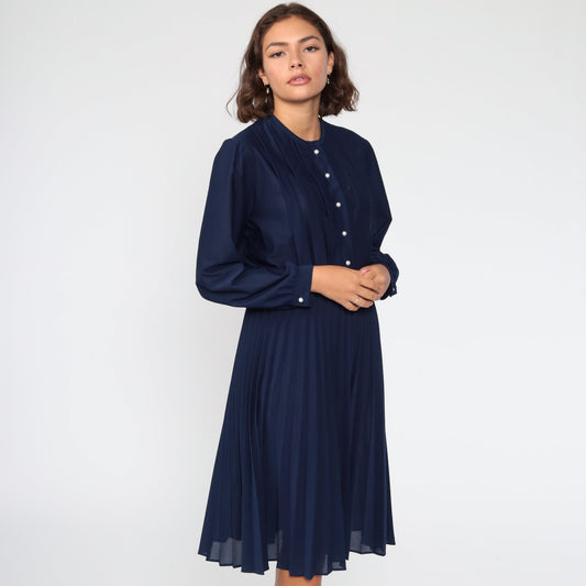80s Navy Puff Sleeve Midi Dress High Waist Pleated Elastic Waist Medium