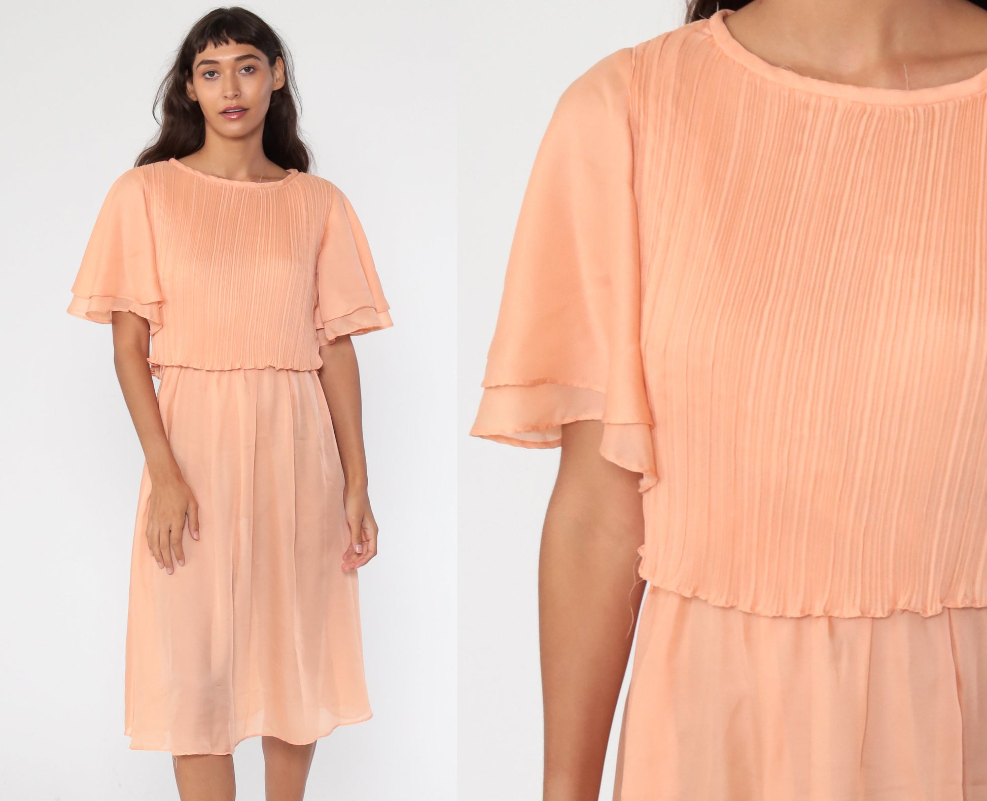 70s Orange Grecian Midi Dress Flutter Sleeve High Waist Small