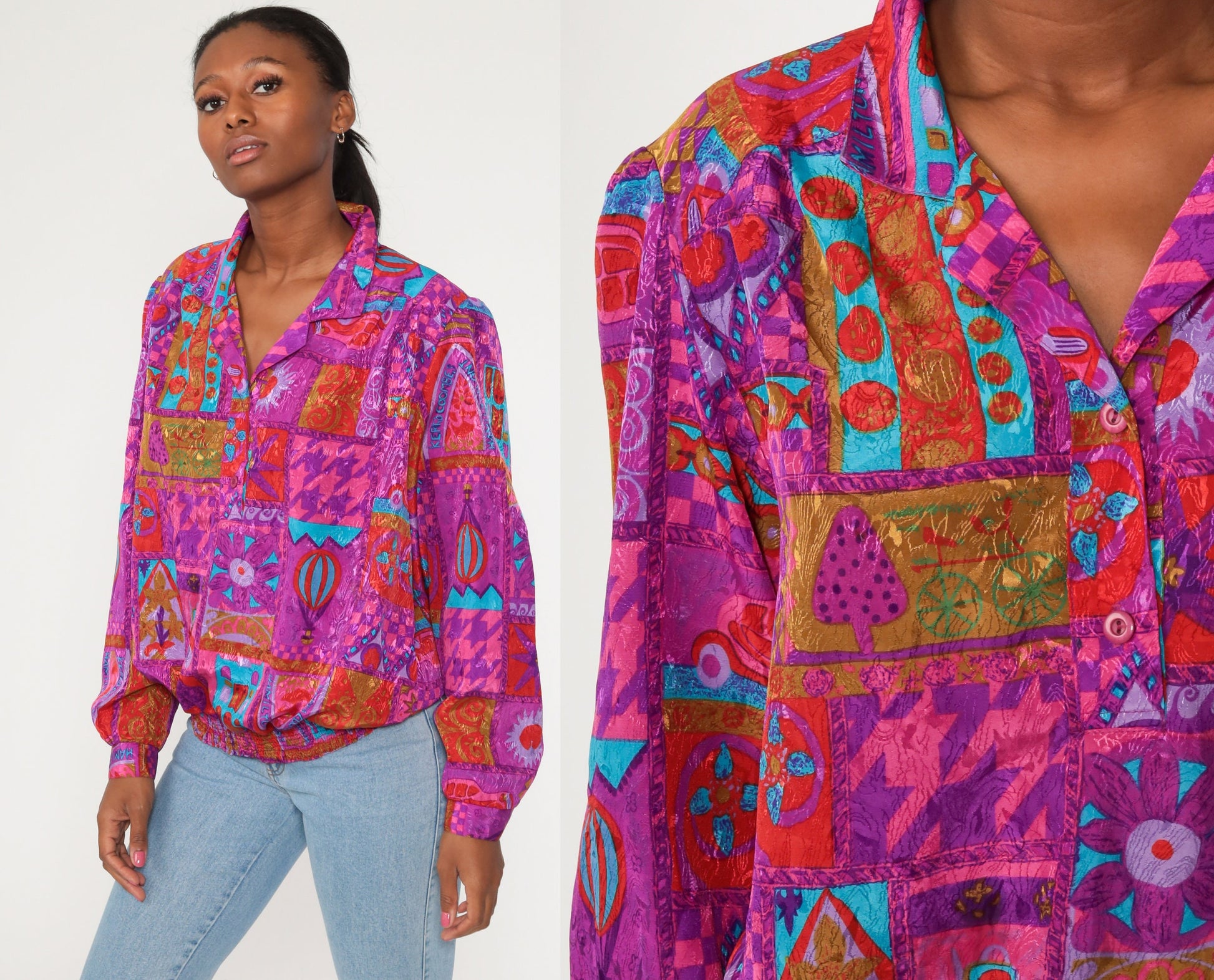 90s Floral Patchwork Colour Block Blouse Purple Neon Button Up Large