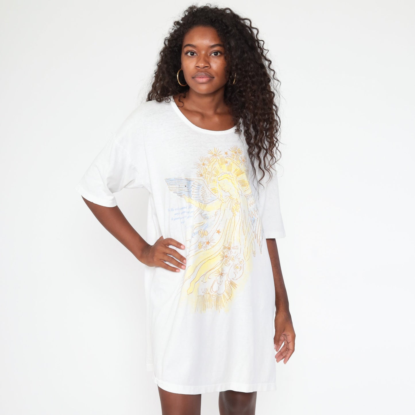 80s Angel Psalm 91:11 Christian T Shirt Dress White Cotton Mini