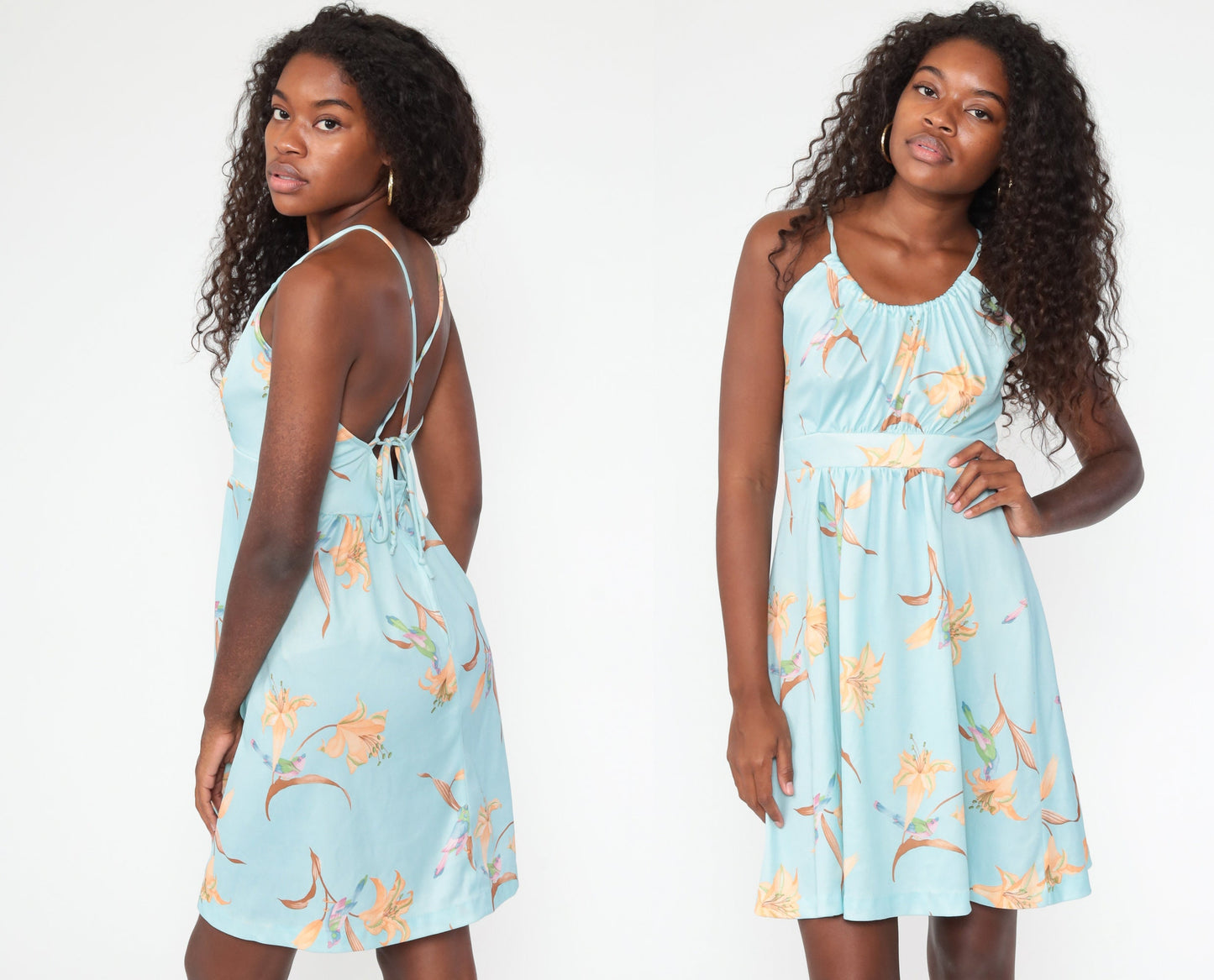 70s Tropical Floral Sun Dress Pastel Blue Criss Cross Back Mini Small Medium