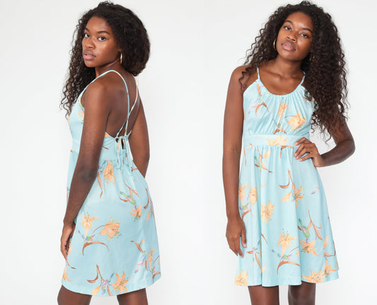 70s Tropical Floral Sun Dress Pastel Blue Criss Cross Back Mini Small Medium